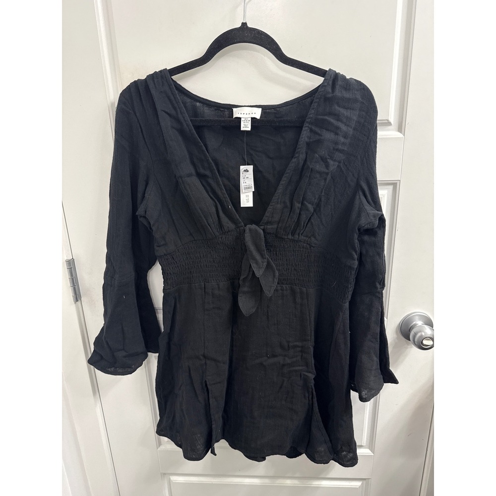 Topshop Black Tie Front Smocked Waist Bell Sleeve Mini Dress US 4-6 NWT